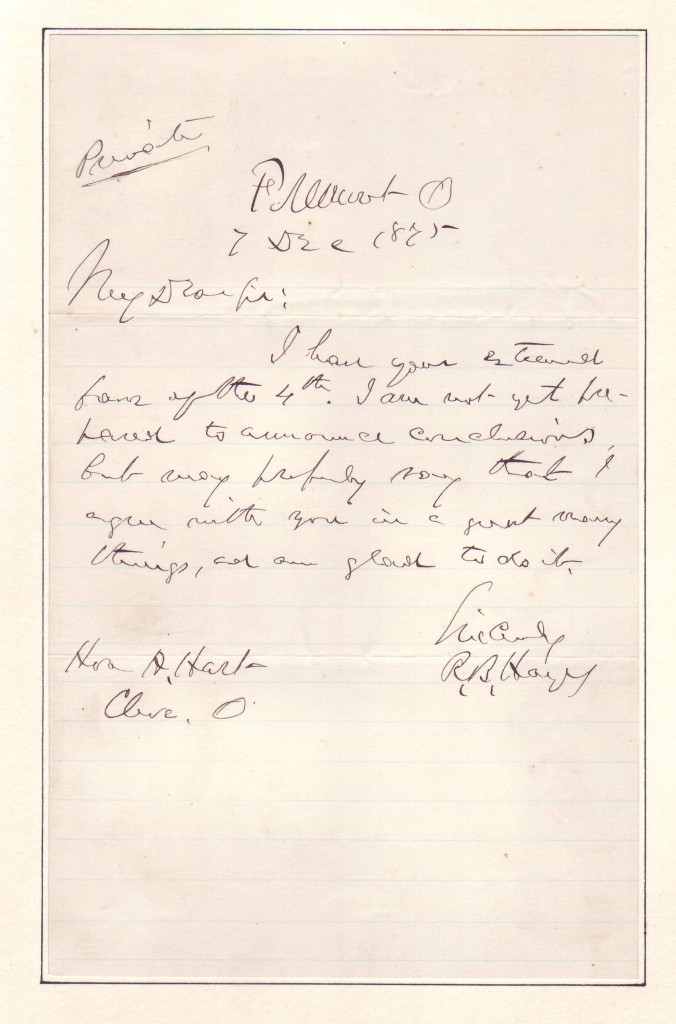 HAYES, RUTHERFORD B. Autograph Letter Signed, R.B. Hayes, as Governor-Elect, to A. Hart,